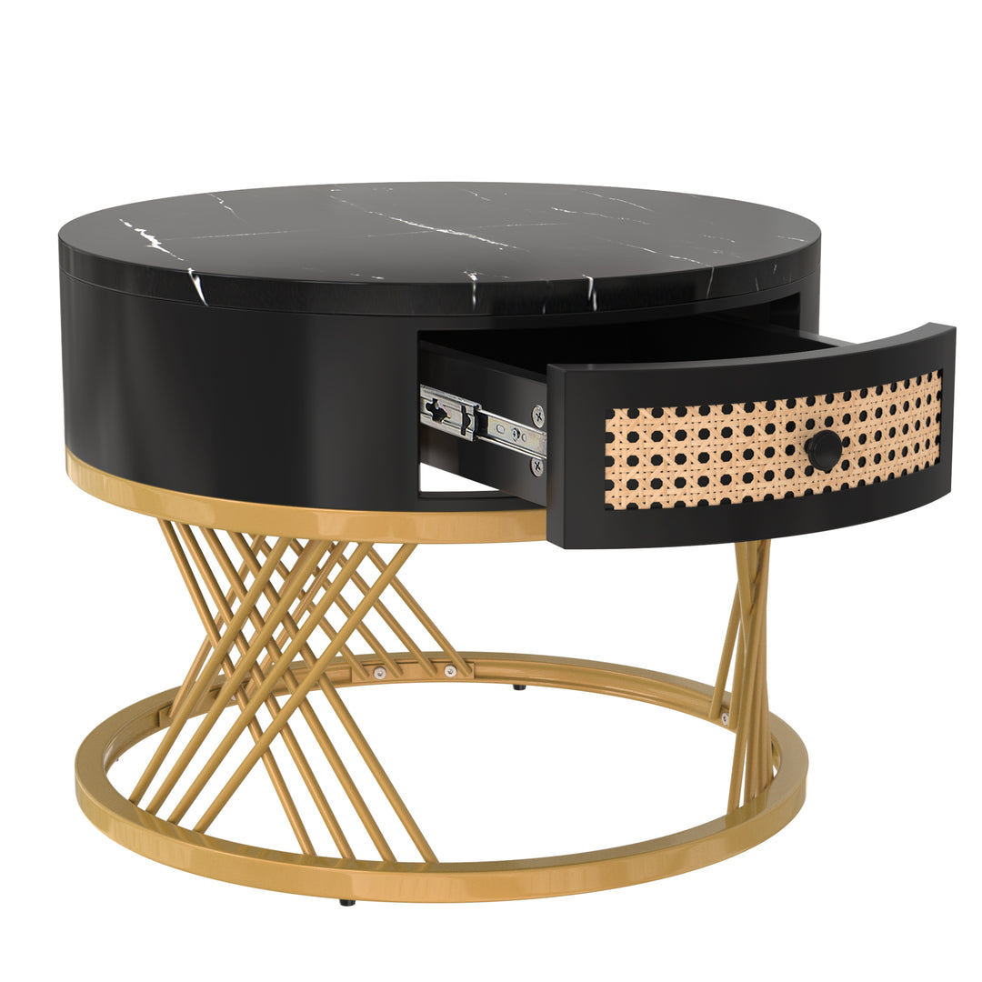 Set of 2 opulent gold nesting coffee tables black marble look & rattan 1 drawer PHAARQUKS BLACK UK
