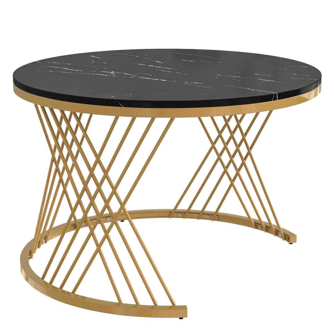 Set of 2 opulent gold nesting coffee tables black marble look & rattan 1 drawer PHAARQUKS BLACK UK