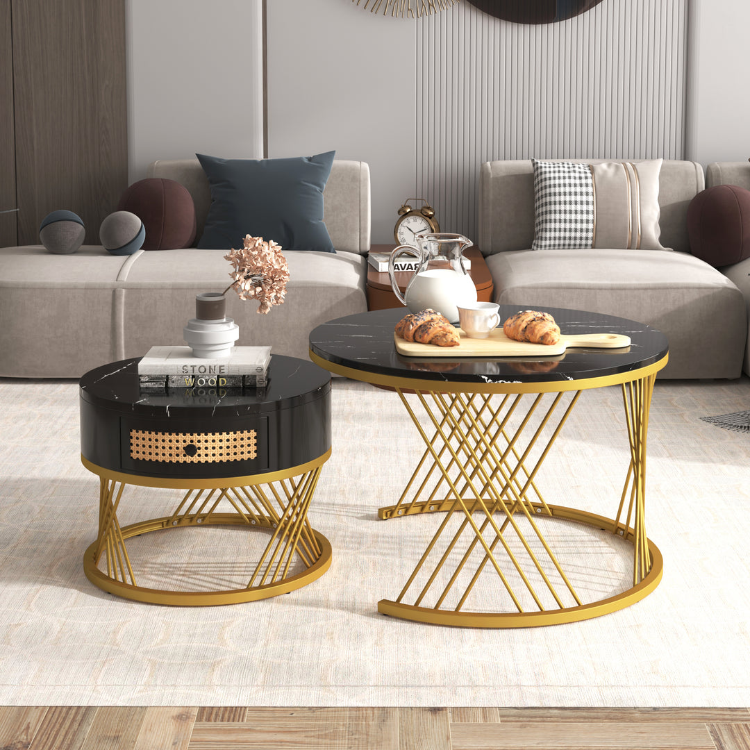 Set of 2 opulent gold nesting coffee tables black marble look & rattan 1 drawer PHAARQUKS BLACK UK