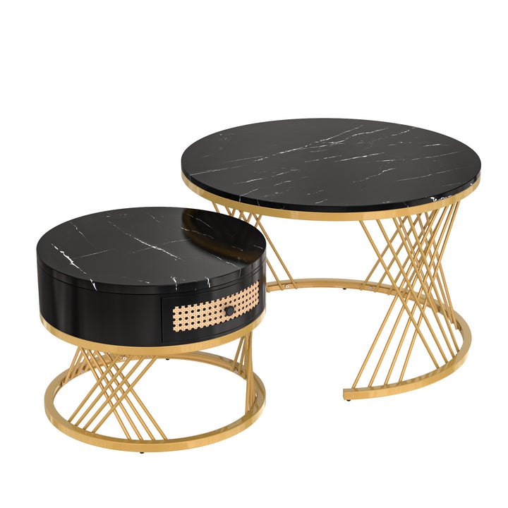 Set of 2 opulent gold nesting coffee tables black marble look & rattan 1 drawer PHAARQUKS BLACK UK