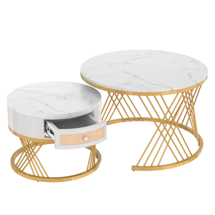 Set of 2 opulent gold nesting coffee tables white marble-look & rattan 1 drawer PHAARQUKS WHITE UK