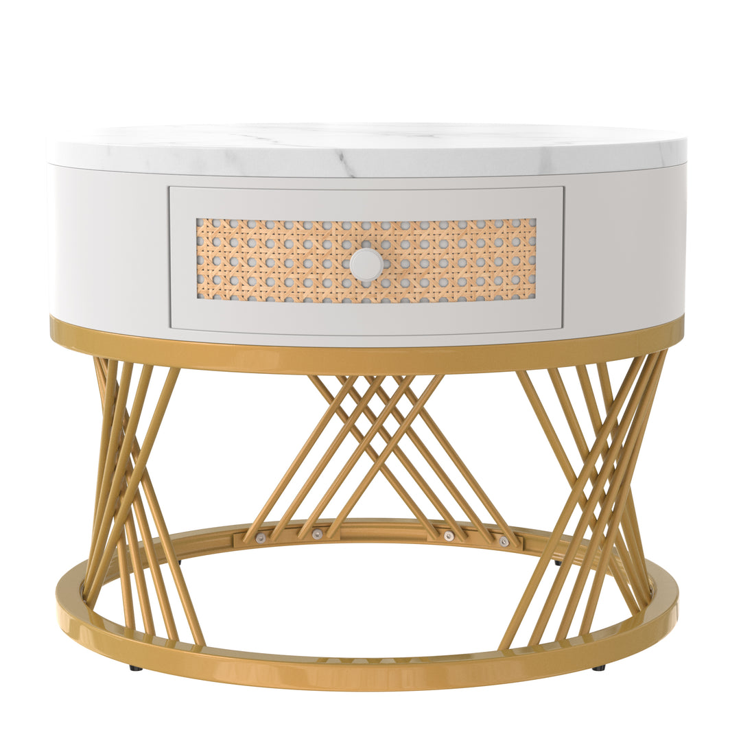 Set of 2 opulent gold nesting coffee tables white marble-look & rattan 1 drawer PHAARQUKS WHITE UK