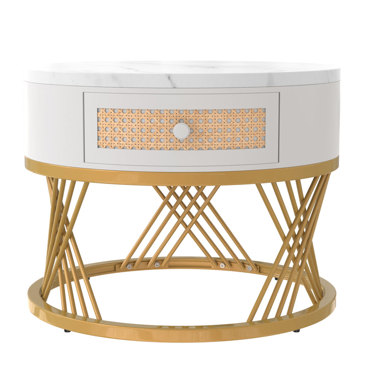 Set of 2 opulent gold nesting coffee tables white marble-look & rattan 1 drawer PHAARQUKS WHITE UK