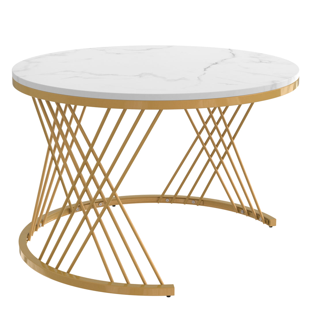Set of 2 opulent gold nesting coffee tables white marble-look & rattan 1 drawer PHAARQUKS WHITE UK