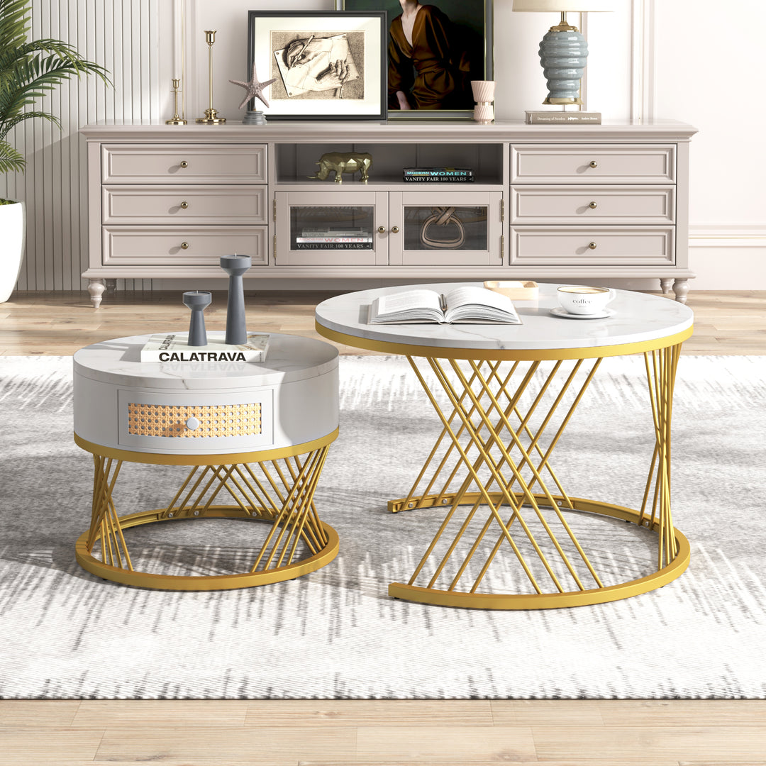 Set of 2 opulent gold nesting coffee tables white marble-look & rattan 1 drawer PHAARQUKS WHITE UK