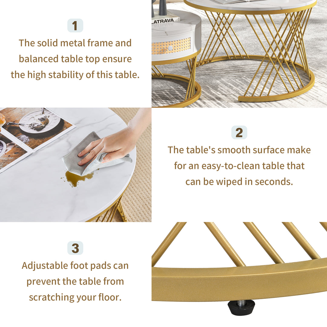 Set of 2 opulent gold nesting coffee tables white marble-look & rattan 1 drawer PHAARQUKS WHITE UK