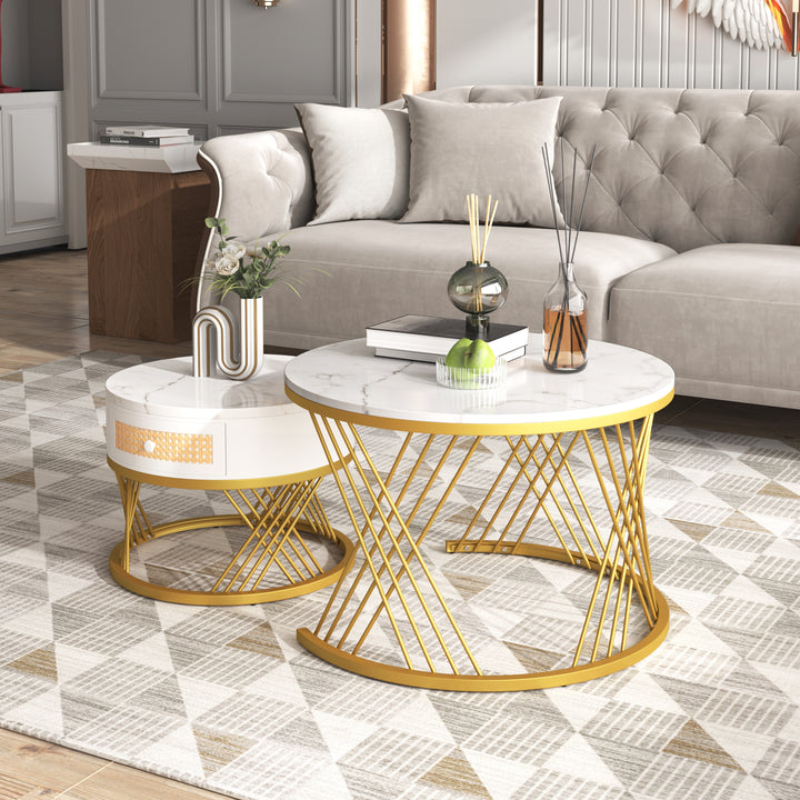 Set of 2 opulent gold nesting coffee tables white marble-look & rattan 1 drawer PHAARQUKS WHITE UK