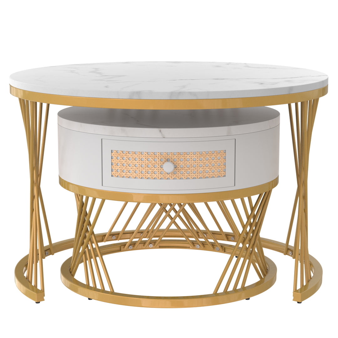 Set of 2 opulent gold nesting coffee tables white marble-look & rattan 1 drawer PHAARQUKS WHITE UK