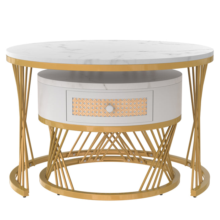 Set of 2 opulent gold nesting coffee tables white marble-look & rattan 1 drawer PHAARQUKS WHITE UK