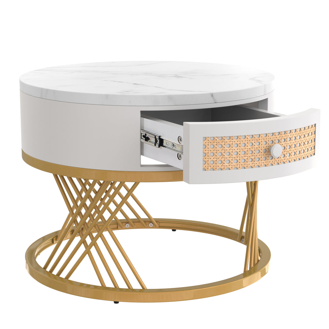 Set of 2 opulent gold nesting coffee tables white marble-look & rattan 1 drawer PHAARQUKS WHITE UK