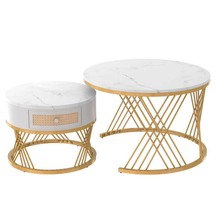 Set of 2 opulent gold nesting coffee tables white marble-look & rattan 1 drawer PHAARQUKS WHITE UK