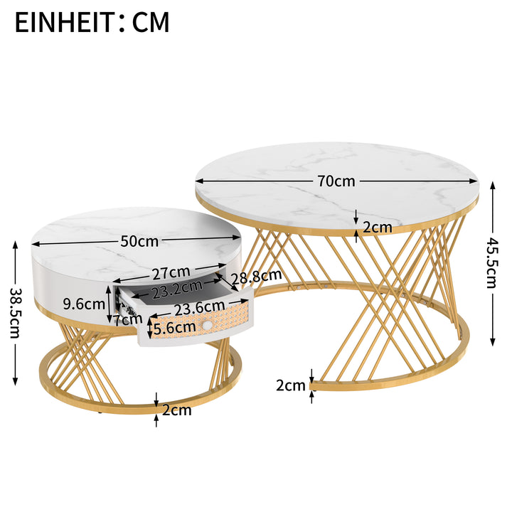 Set of 2 opulent gold nesting coffee tables white marble-look & rattan 1 drawer PHAARQUKS WHITE UK