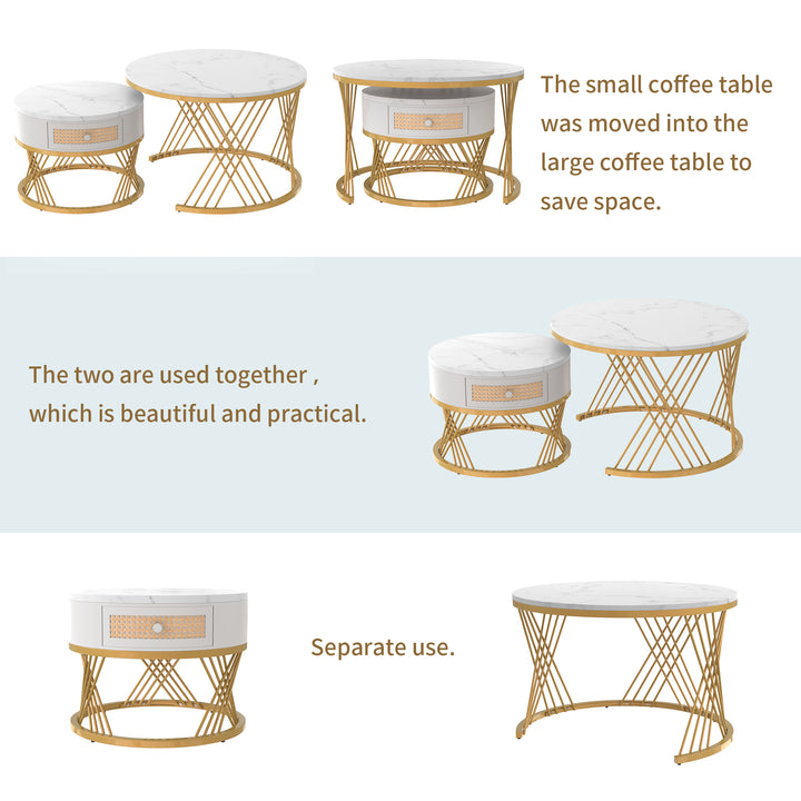 Set of 2 opulent gold nesting coffee tables white marble-look & rattan 1 drawer PHAARQUKS WHITE UK