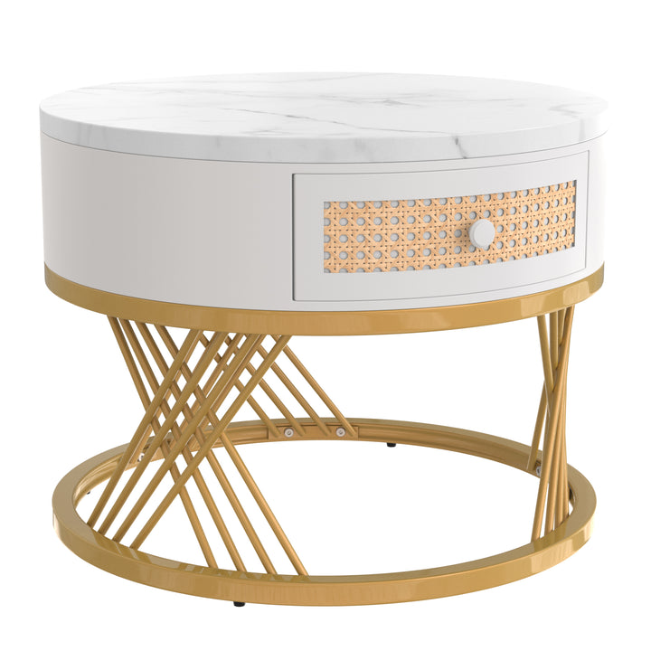 Set of 2 opulent gold nesting coffee tables white marble-look & rattan 1 drawer PHAARQUKS WHITE UK