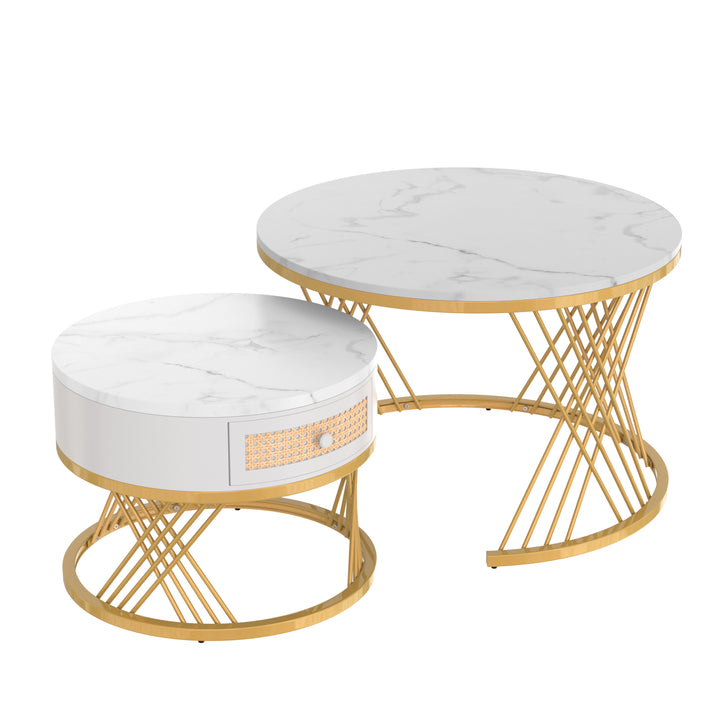 Set of 2 opulent gold nesting coffee tables white marble-look & rattan 1 drawer PHAARQUKS WHITE UK