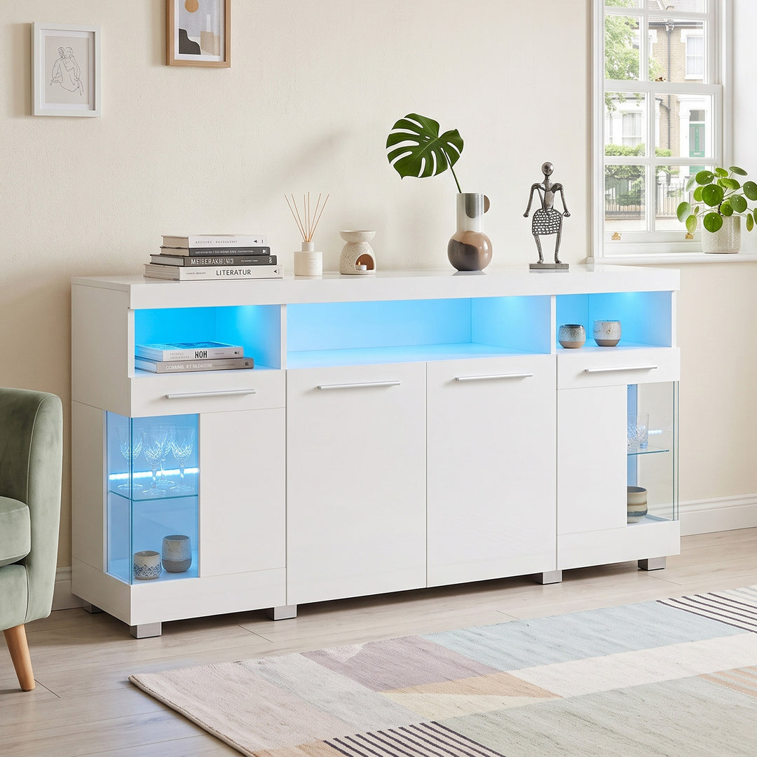 White high gloss sideboard cabinet with LED lights and glass shelves 140x40x70cm QUADSCREEN