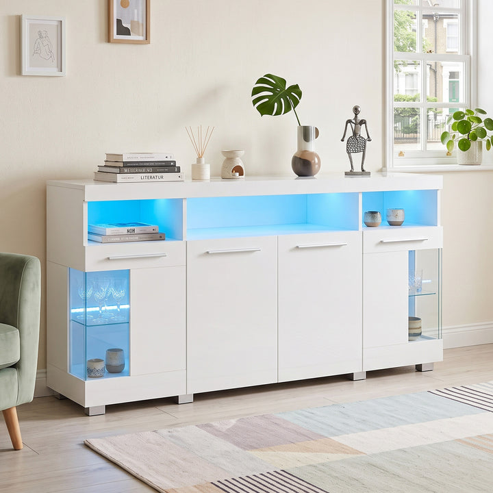 White high gloss sideboard cabinet with LED lights and glass shelves 140x40x70cm QUADSCREEN