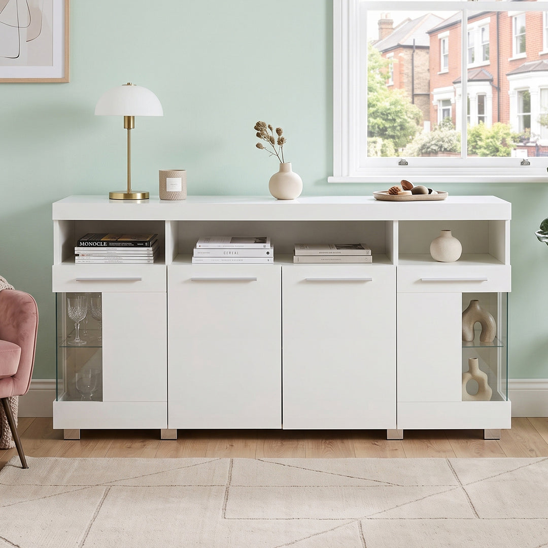 White high gloss sideboard cabinet with LED lights and glass shelves 140x40x70cm QUADSCREEN