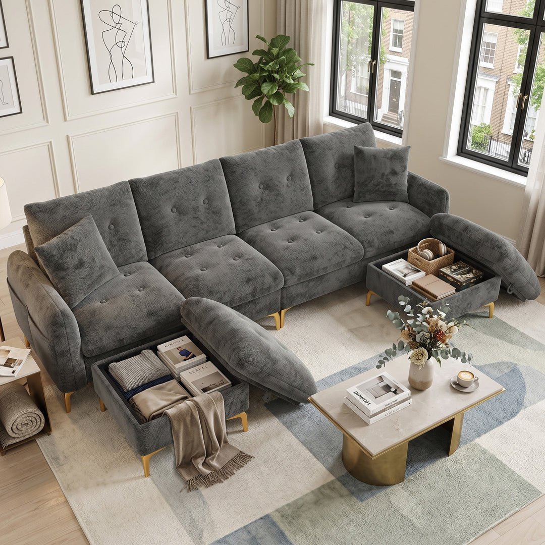 U-shaped tufted 4-seater modular sofa with 2 storage ottomans, chenille grey and golden legs QUADSHELF