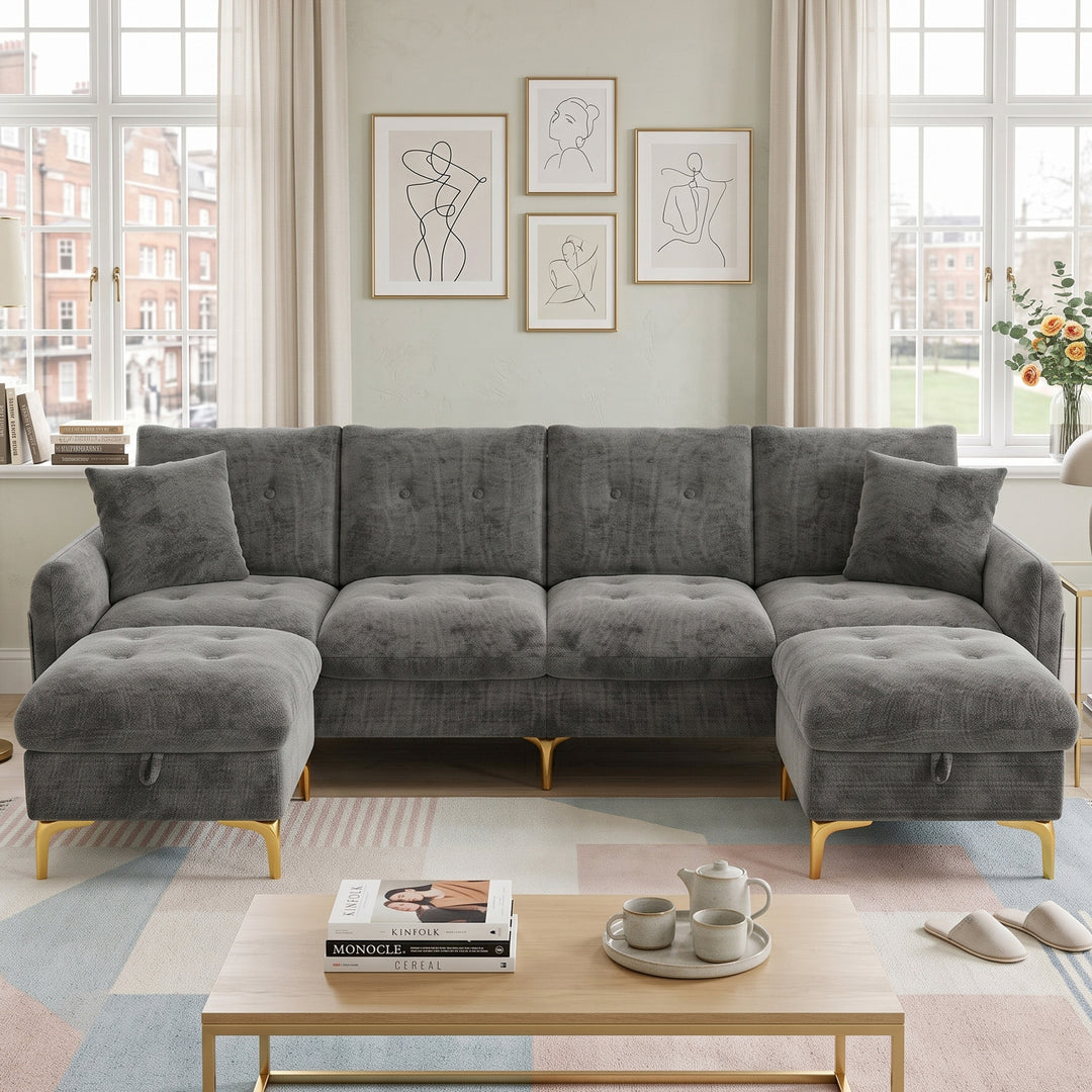 U-shaped tufted 4-seater modular sofa with 2 storage ottomans, chenille grey and golden legs QUADSHELF