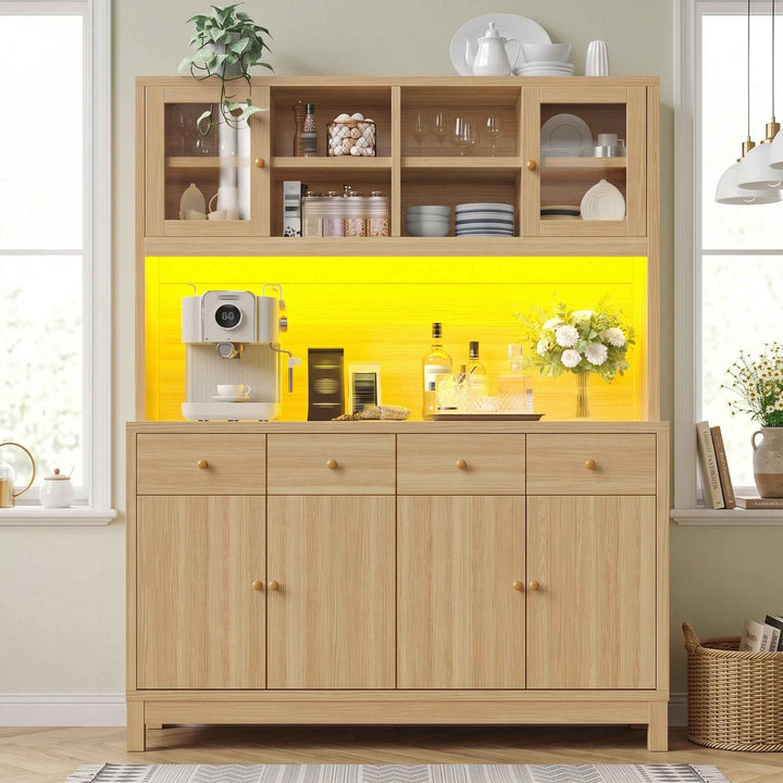 Wooden tall kitchen hutch cabinet with RGB LED, glass doors, 4 drawers 140x38.5x180cm QUADTRUNK