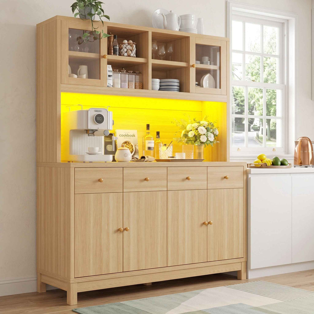 Wooden tall kitchen hutch cabinet with RGB LED, glass doors, 4 drawers 140x38.5x180cm QUADTRUNK