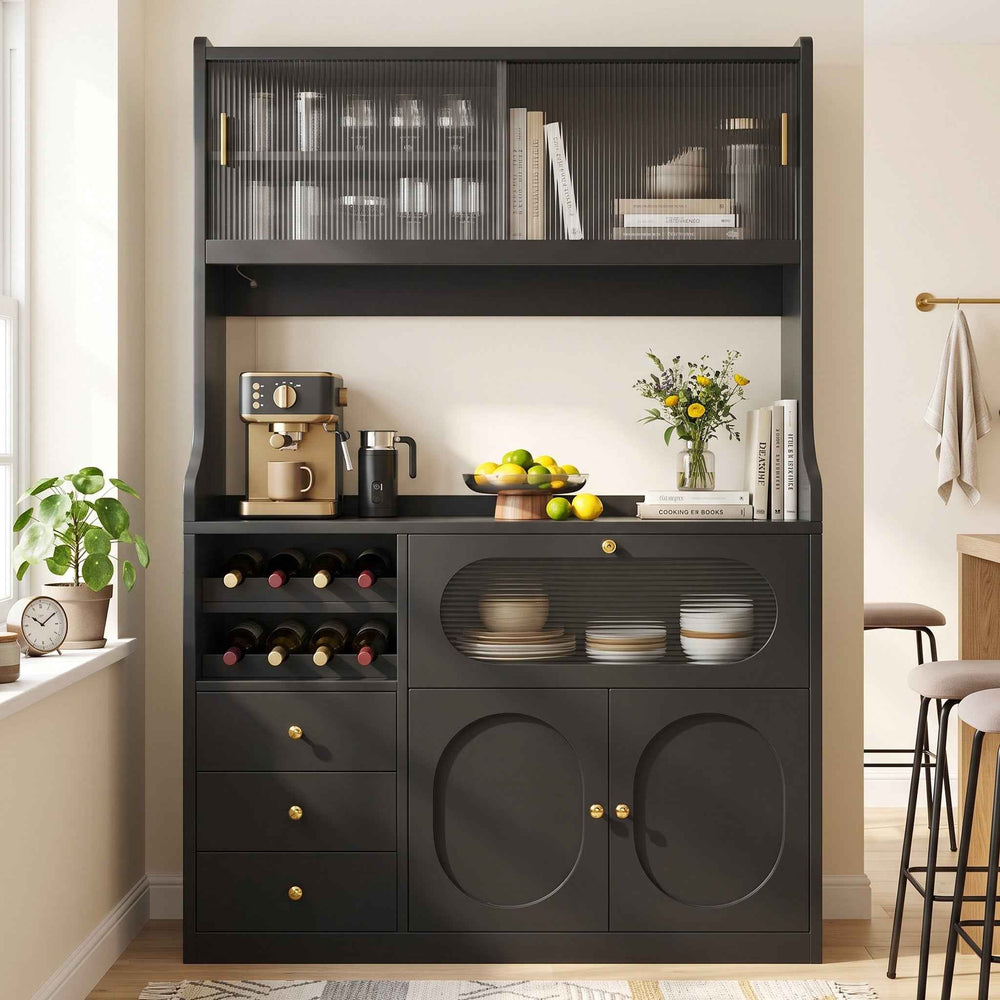 Black kitchen hutch cabinet with RGB LED, glass doors, wine rack & drawers 120x40x180cm QUADVANITY