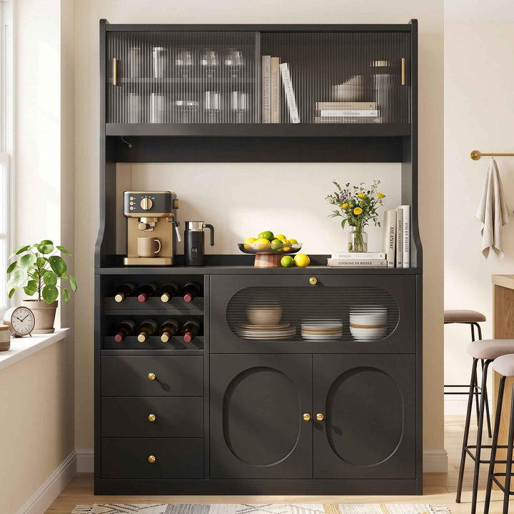 Black kitchen hutch cabinet with RGB LED, glass doors, wine rack & drawers 120x40x180cm QUADVANITY