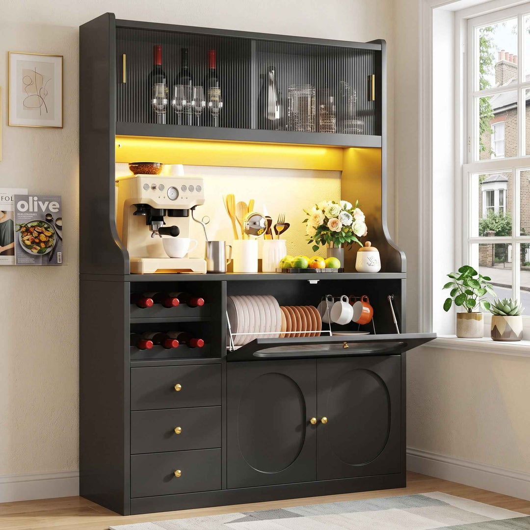 Black kitchen hutch cabinet with RGB LED, glass doors, wine rack & drawers 120x40x180cm QUADVANITY