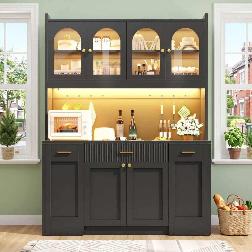 Black tall kitchen hutche cabinet with RGB LED, glass display, drawers & removable shelves 120cm RACKWALNUT