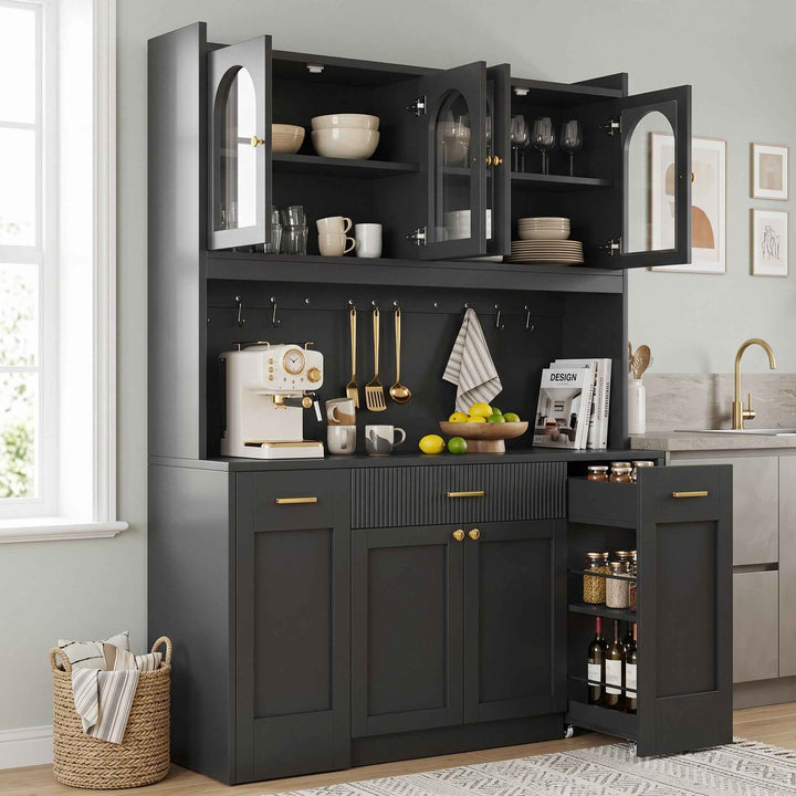 Black tall kitchen hutche cabinet with RGB LED, glass display, drawers & removable shelves 120cm RACKWALNUT