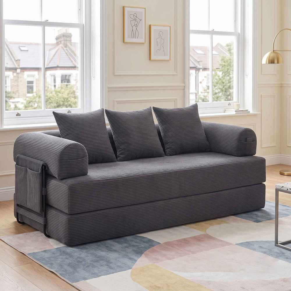 2-seater modular convertible sofa bed, corduroy dark grey with metal frame 200cm QUADWALL