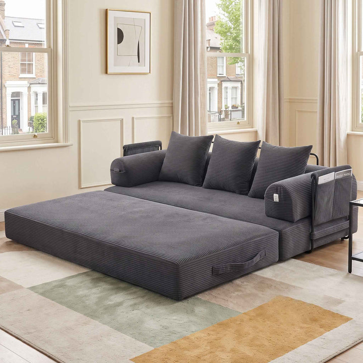 2-seater modular convertible sofa bed, corduroy dark grey with metal frame 200cm QUADWALL