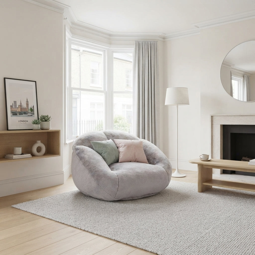 Lazy chair shell shaped sofa light grey faux fur, memory foam bean bag chair QUASARMYRK