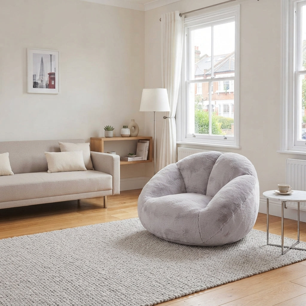 Lazy chair shell shaped sofa light grey faux fur, memory foam bean bag chair QUASARMYRK