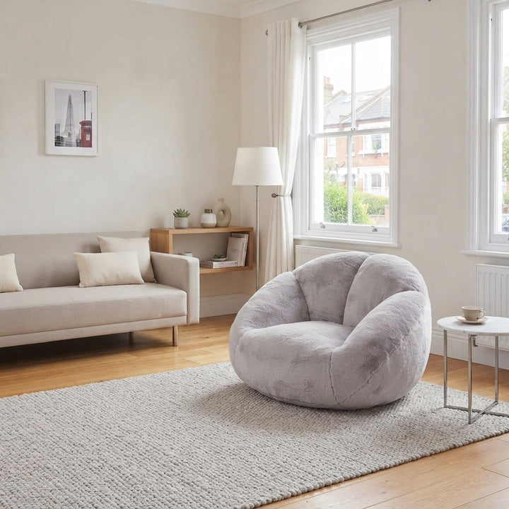 Lazy chair shell shaped sofa light grey faux fur, memory foam bean bag chair QUASARMYRK