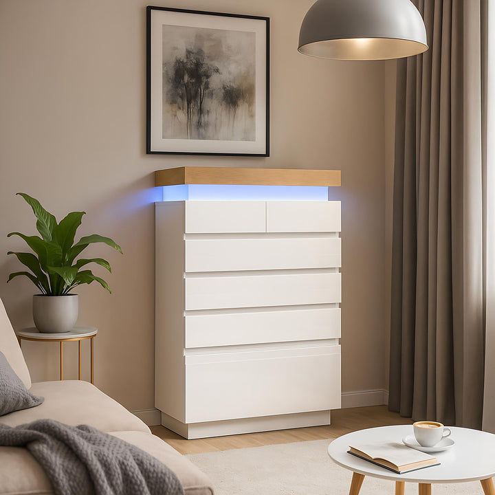 White high-gloss sideboard 2 doors 3 drawers with LED light 115x73x39cm QARKRUIN UK