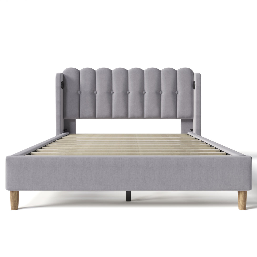 Grey Linen upholstered double divan bed frame with USB charging QEGMIX DOUBLE GREY UK