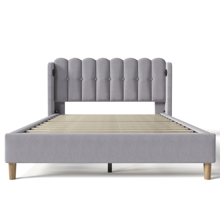 Grey Linen upholstered double divan bed frame with USB charging QEGMIX DOUBLE GREY UK