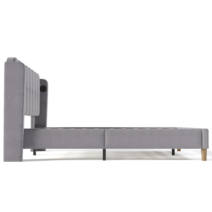 Grey Linen upholstered double divan bed frame with USB charging QEGMIX DOUBLE GREY UK