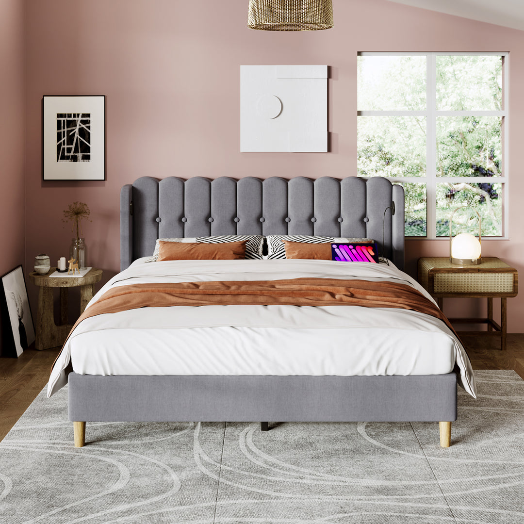 Grey Linen upholstered double divan bed frame with USB charging QEGMIX DOUBLE GREY UK