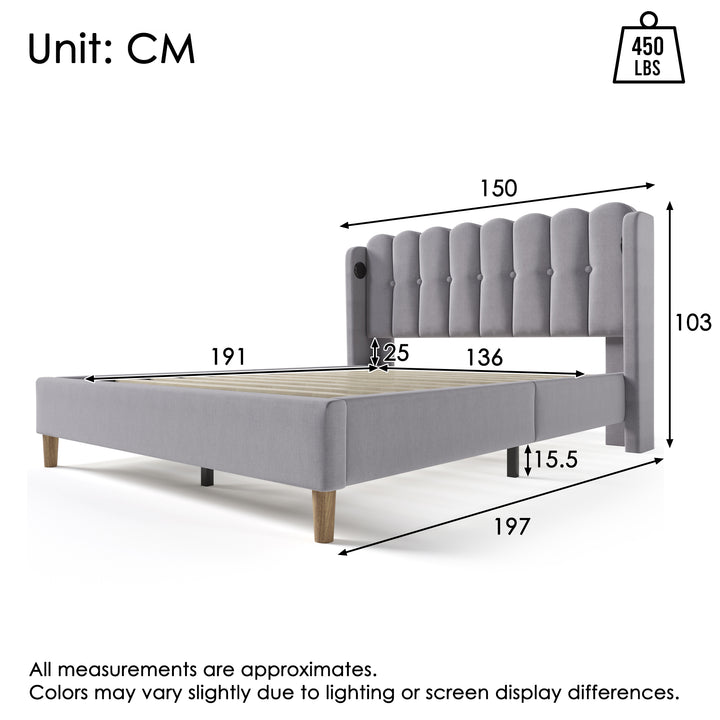 Grey Linen upholstered double divan bed frame with USB charging QEGMIX DOUBLE GREY UK