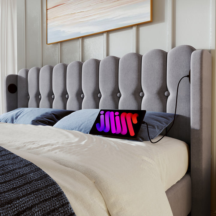 Grey Linen upholstered double divan bed frame with USB charging QEGMIX DOUBLE GREY UK