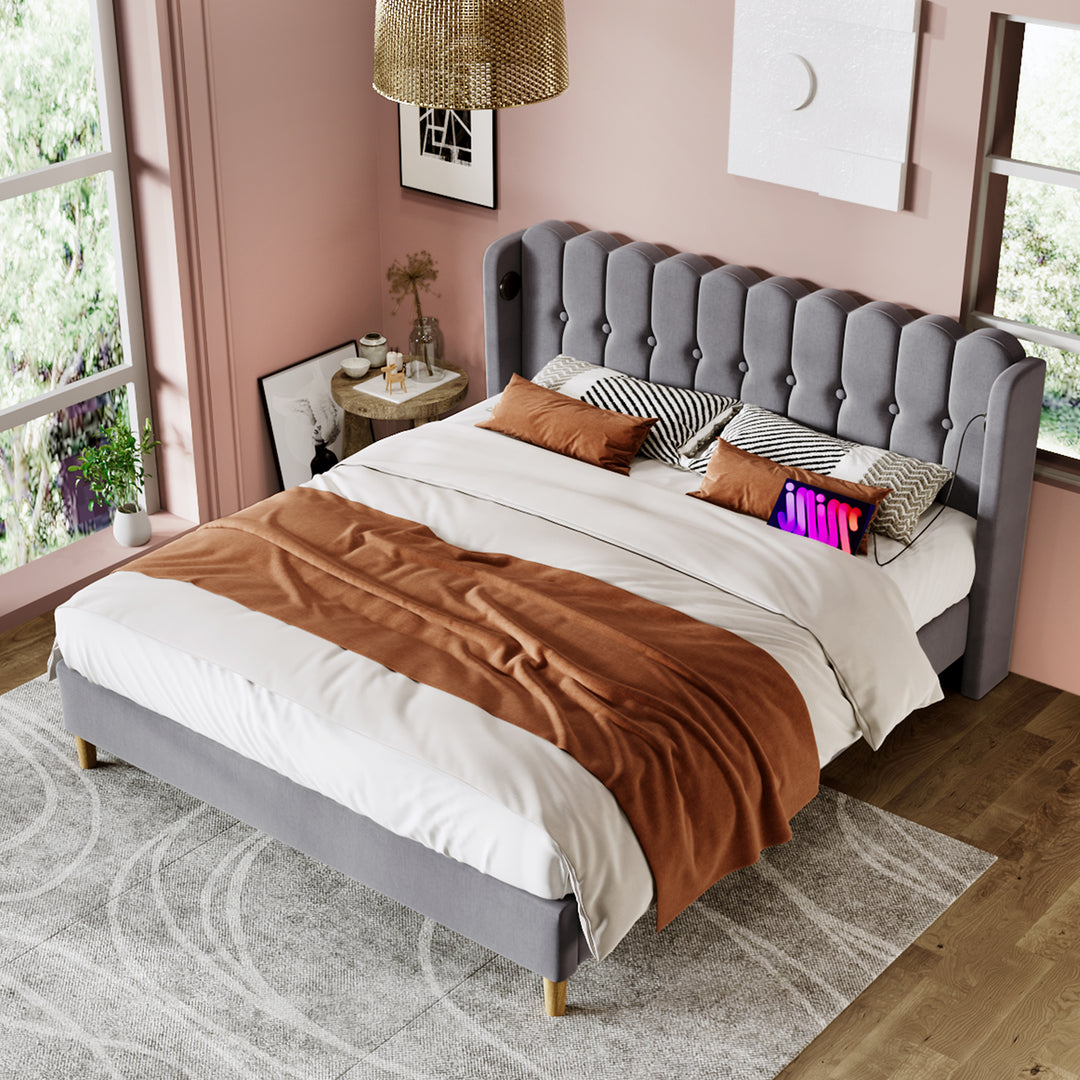 Grey Linen upholstered double divan bed frame with USB charging QEGMIX DOUBLE GREY UK