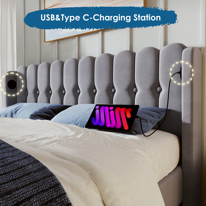 Grey Linen upholstered double divan bed frame with USB charging QEGMIX DOUBLE GREY UK