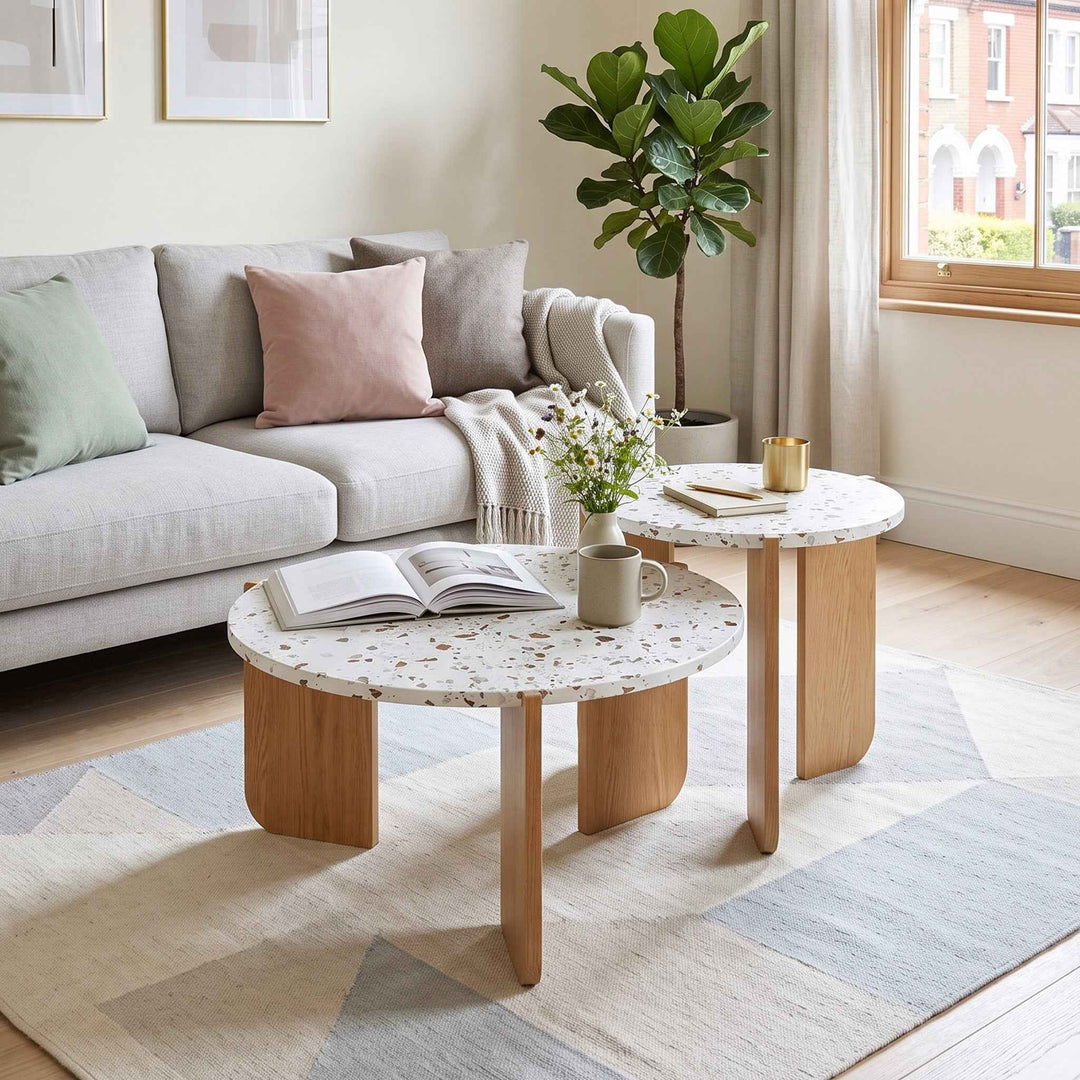 Set of 2 white marble look round nesting coffee table and wooden legs RACKAIR