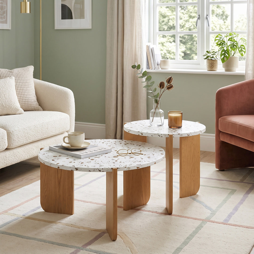 Set of 2 white marble look round nesting coffee table and wooden legs RACKAIR