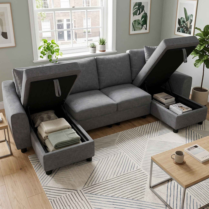 U-shaped sectional sofa, 2 storage chaises, grey chenille 272cm RACKBLACK