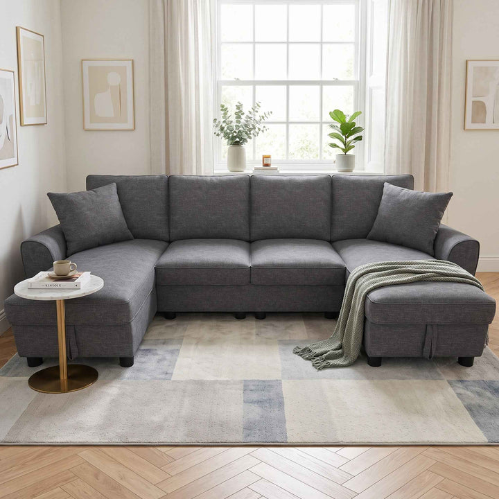 U-shaped sectional sofa, 2 storage chaises, grey chenille 272cm RACKBLACK