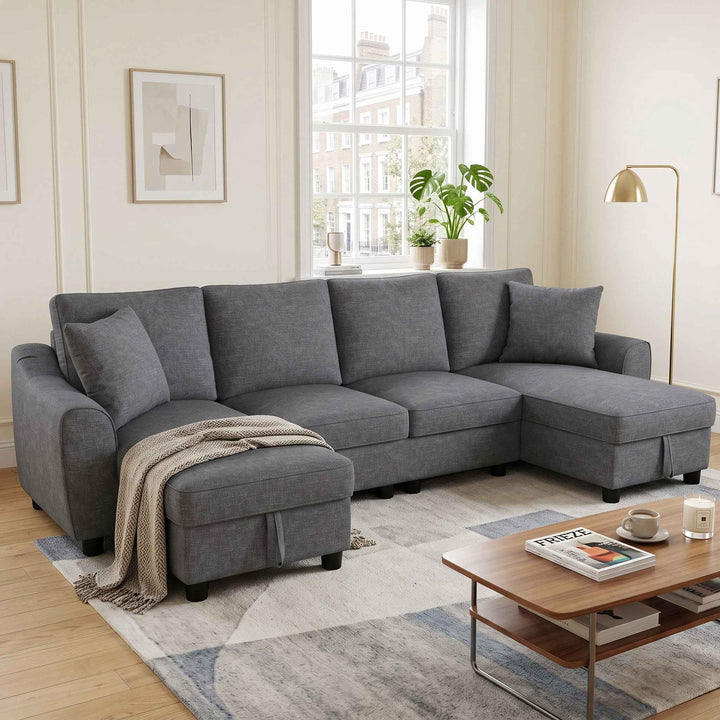 U-shaped sectional sofa, 2 storage chaises, grey chenille 272cm RACKBLACK
